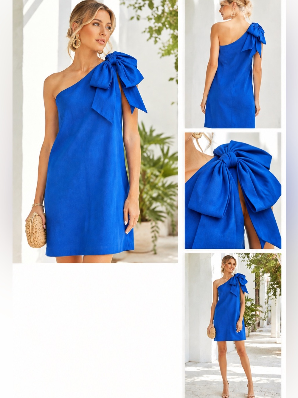 Antonio Melani Cobalt Blue Linen One Shoulder Bow Dress Size 10